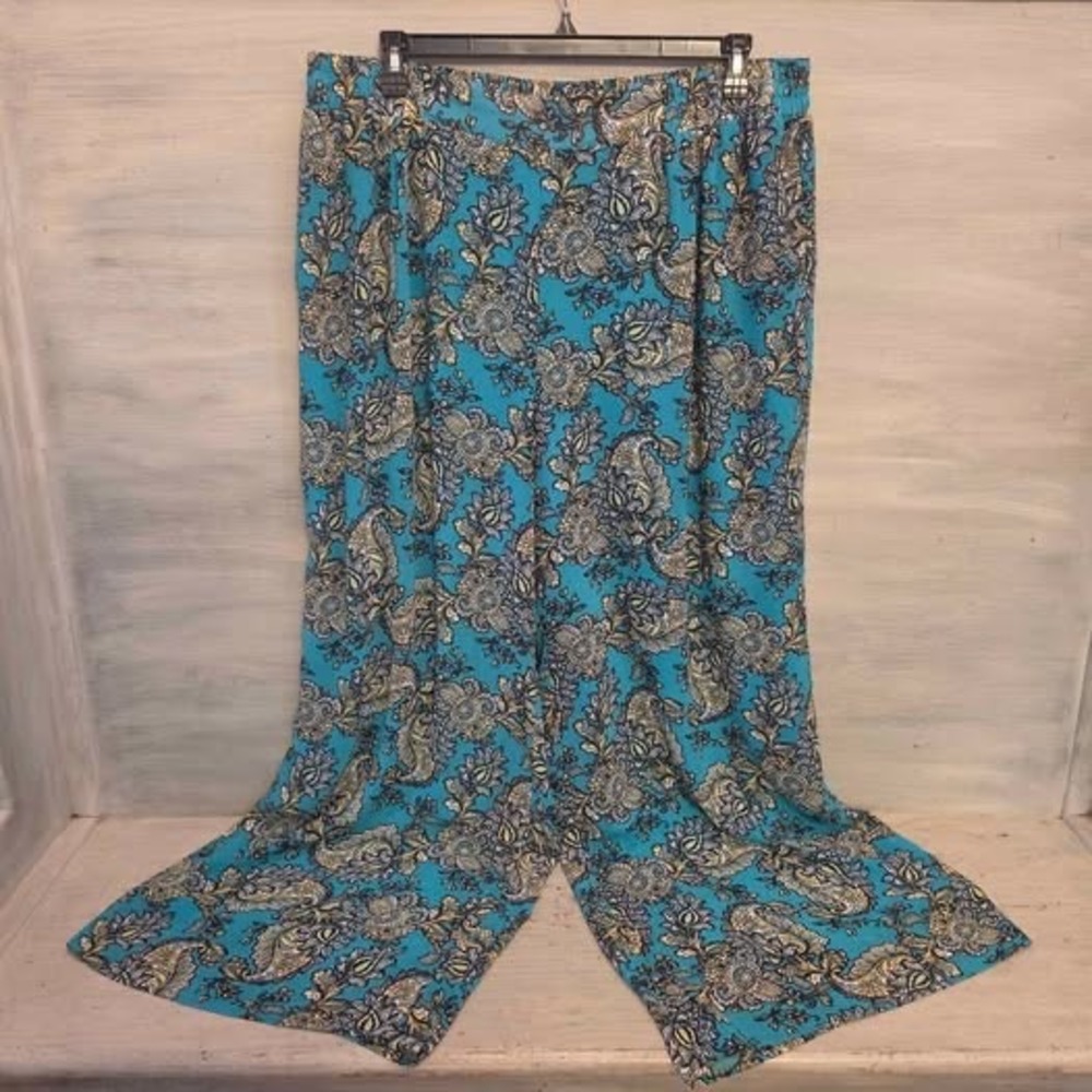 EST. 1946 Teal Blue Paisley Wide Leg Pull On Pants Plus Size 22/24W